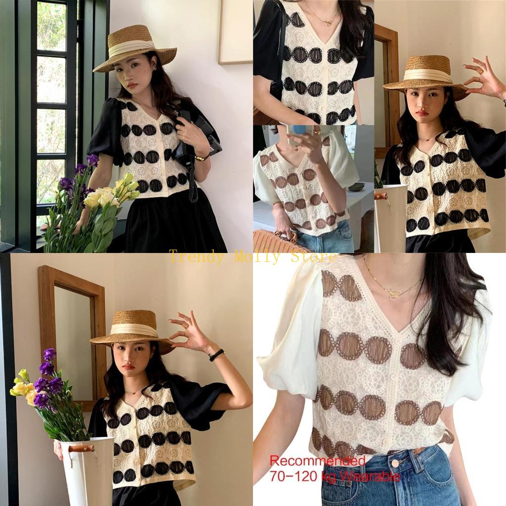 Crop Top Crochet - N5KB Women Patchwork Puff Short Sleeve