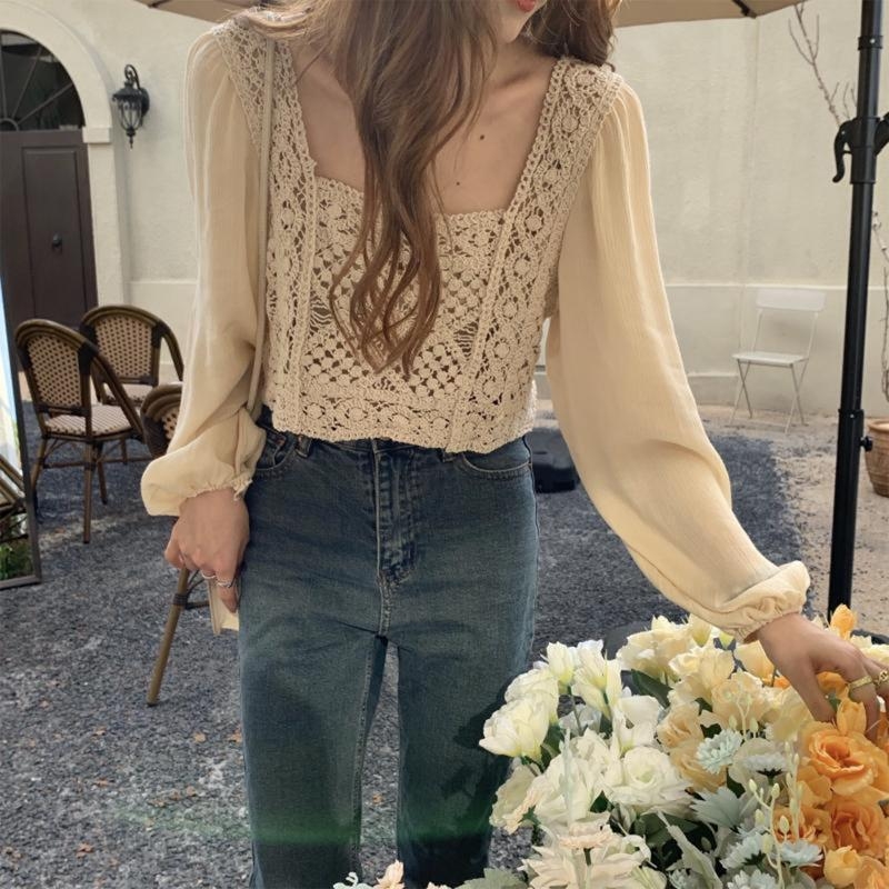 573B Women Sheer Puff Long Sle - огляд і ціна Crop Top Crochet