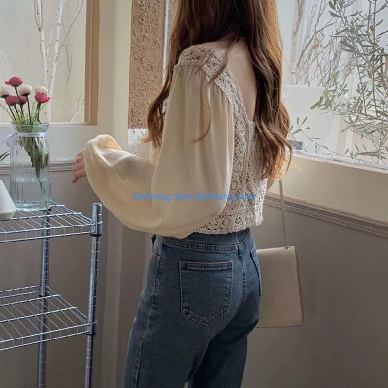 573B Women Sheer Puff Long Sle - огляд і ціна Crop Top Crochet