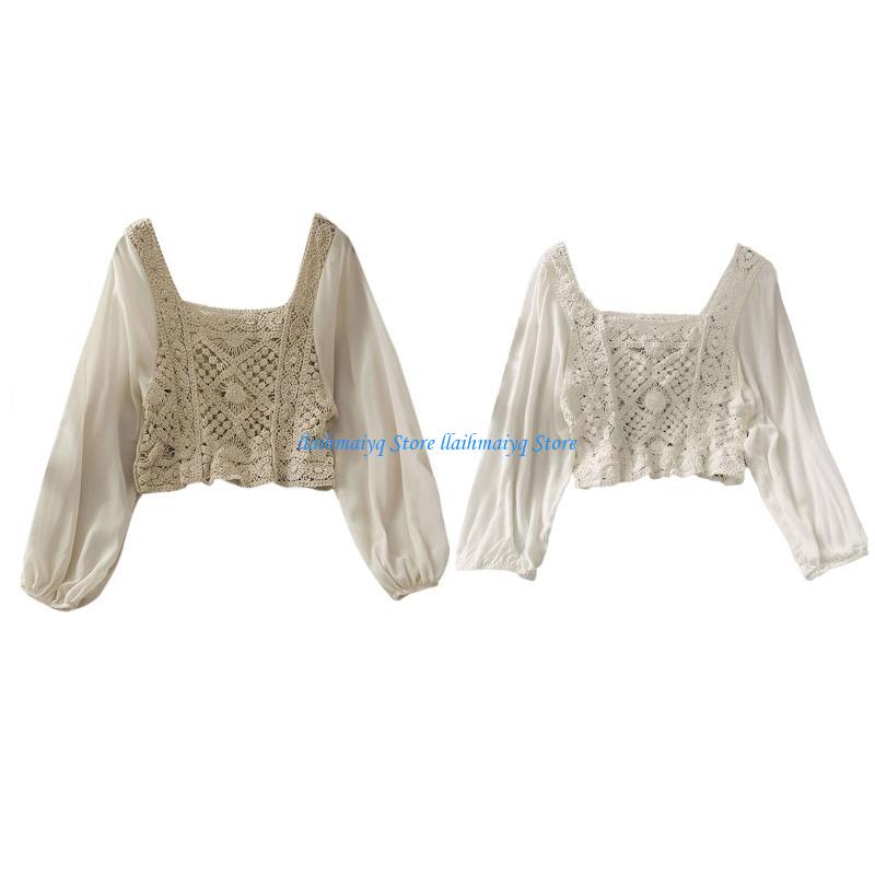 573B Women Sheer Puff Long Sle - огляд і ціна Crop Top Crochet