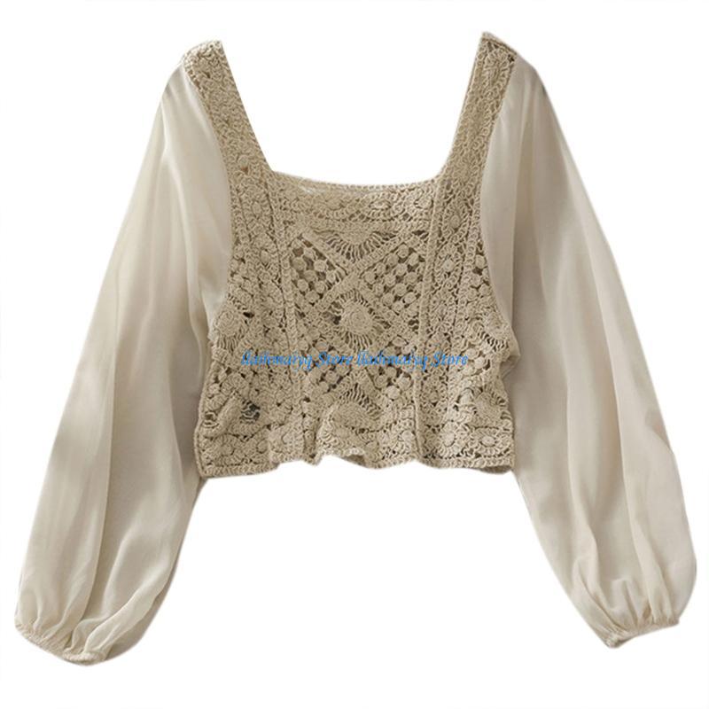 573B Women Sheer Puff Long Sle - огляд і ціна Crop Top Crochet