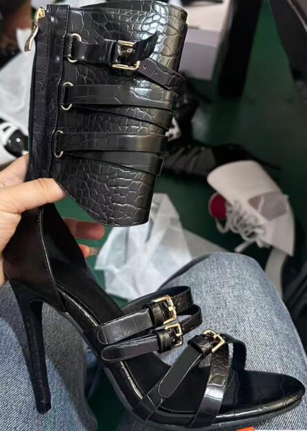 Sexy Black Leather Open Toe Cr - огляд і ціна Sandal Strappy Heeled