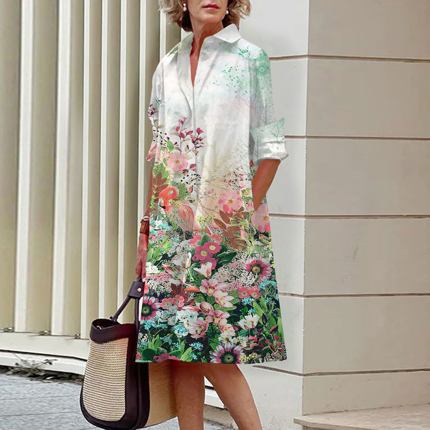 Floral Pattern Shirt Dress Ele - огляд і ціна Midi Skirt Floral