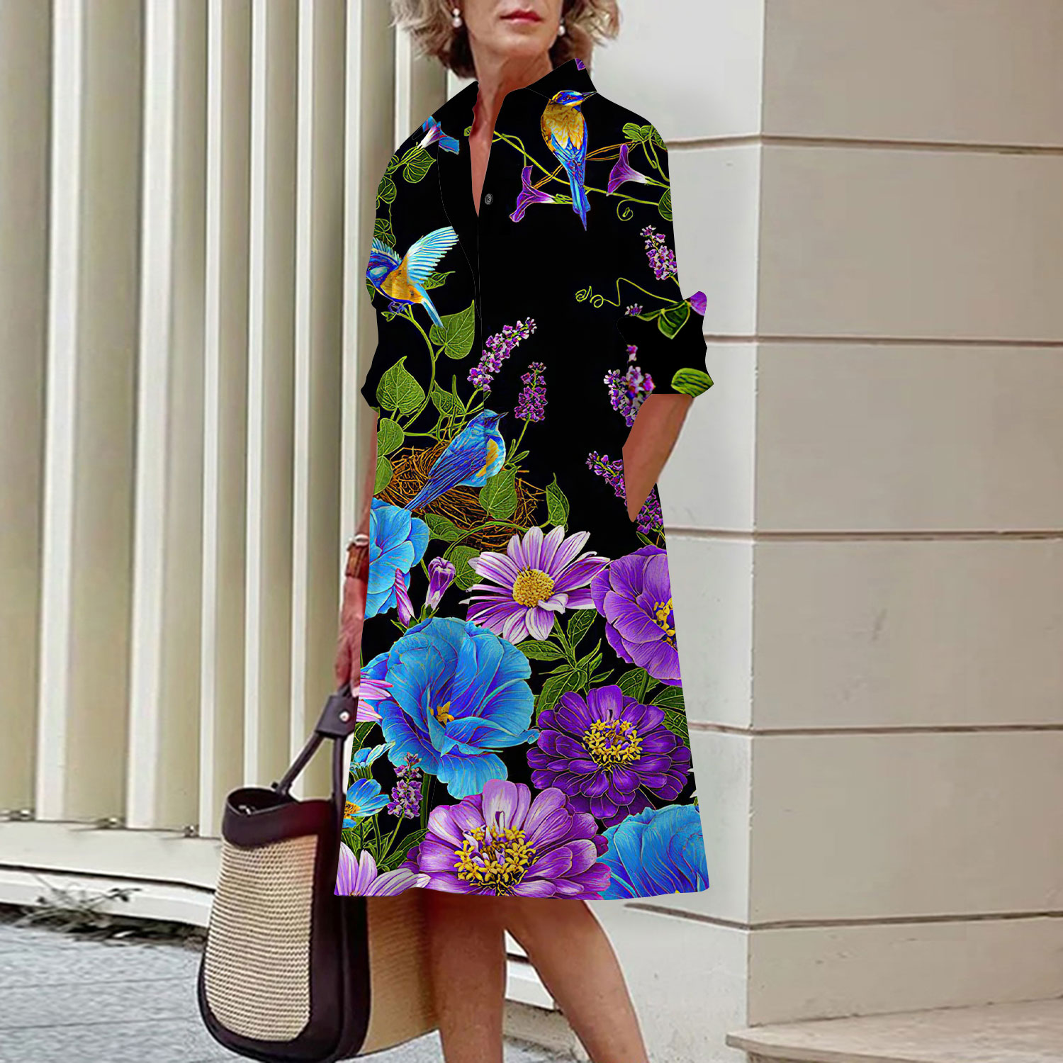 Floral Pattern Shirt Dress Ele - огляд і ціна Midi Skirt Floral