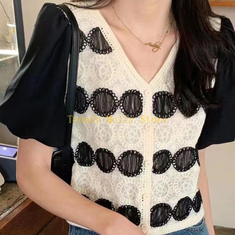N5KB Women Patchwork Puff Shor - огляд і ціна Crop Top Crochet
